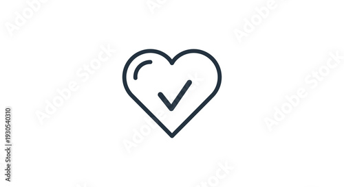 A simple line drawing depicts a heart shape with a checkmark inside representing approval or love silhouette high quality professional detailed