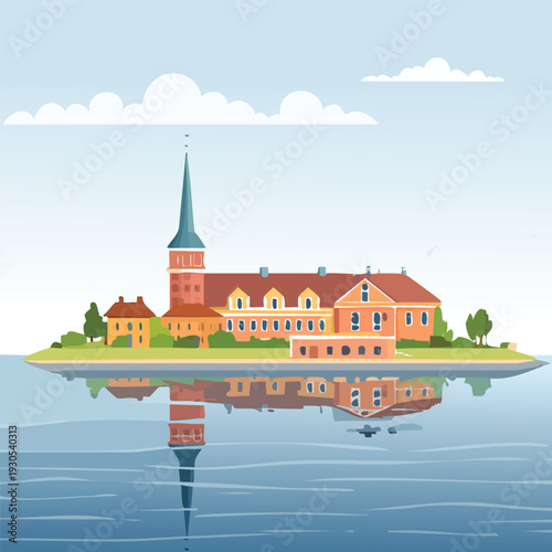 Cartoon island scenery with building and reflection