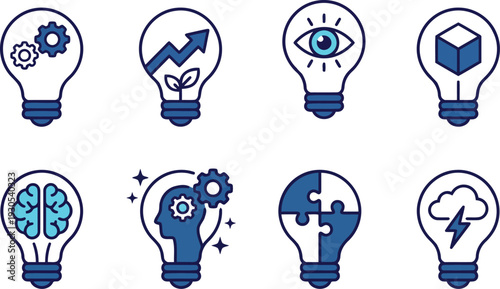 Set of modern flat design light bulb icons representing innovation and ideas, featuring variations with gears,reative technology concept illustration.