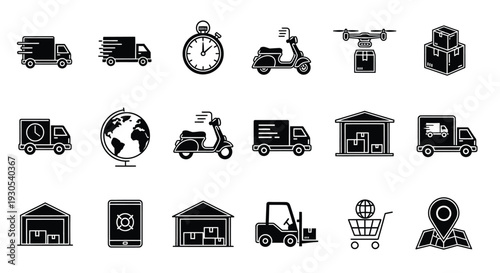A collection of black delivery icons depicting trucks scooters packages and logistics in silhouette high quality professional detailed modern elegant stylish