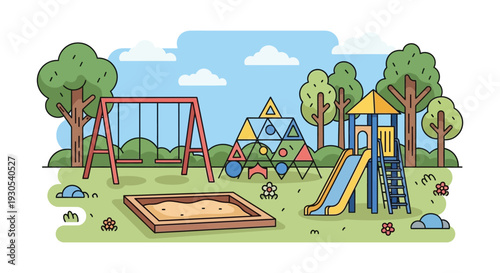 A vibrant cartoon illustration depicts a colorful playground with swings slides and a sandbox silhouette high quality professional detailed modern elegant