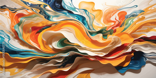 Abstract colorful watercolor background with golden metallic waves and a liquid silk texture design featuring a seamless blue paint flow swirl