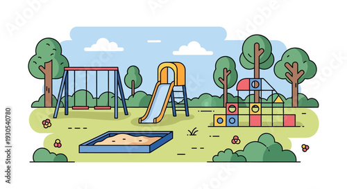 A vibrant playground scene depicts swings a slide a sandbox and climbing structures presented as a silhouette high quality professional detailed