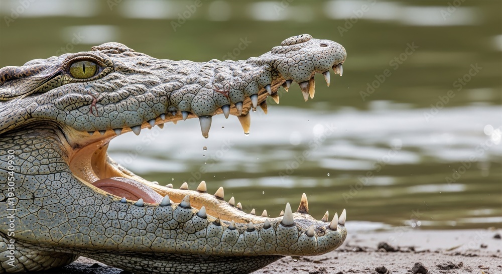 Obraz premium Crocodile with Mouth Open Showing Teeth and Tongue by Water