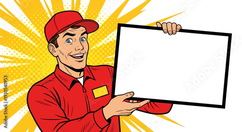 Energetic delivery service worker in bright red uniform enthusiastically presenting a blank sign with a bold comic book style background graphic
