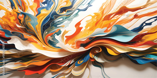 Artistic abstract background featuring a fluid flow of colorful liquid paint swirls in blue, orange, and gold waves for a vibrant wallpaper design