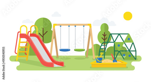 A brightly colored playground scene with swings a slide climbing frame and sandbox depicted as a flat silhouette high quality professional