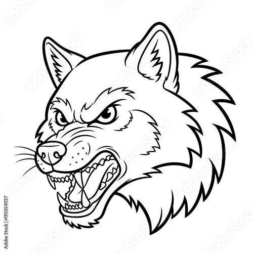 Dynamic Illustration of a Fierce Wolf Head Snarling with Sharp Teeth, Rendered in Bold Black and White Line Art for Mascot Design