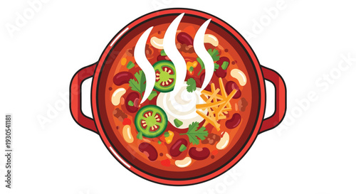 A vibrant overhead view of a colorful chili bowl featuring beans peppers and toppings silhouette high quality professional detailed modern