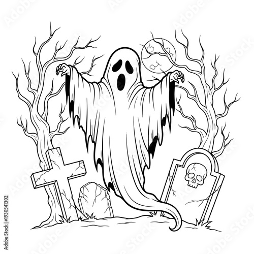 Eerie spectral presence floating amongst ancient gravestones and bare trees under a full moon, perfect for spooky Halloween season designs and ghostly tales