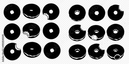 Set of black and white cookie silhouettes, some whole, some bitten, isolated on a transparent background.