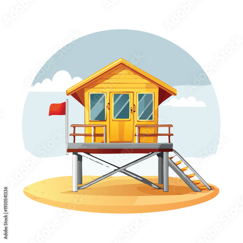 Cartoon lifeguard station on sunny beach day