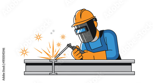 A cartoon illustration depicting a welder working with metal showcasing sparks and protective gear silhouette high quality professional detailed modern elegant
