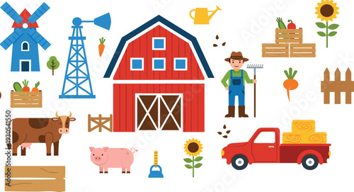 Farm and agriculture collection with barn, farmer, animals, windmill, vegetables, pickup truck, and harvest elements for rural countryside vector illustration.