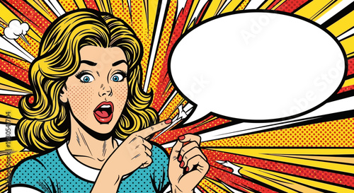 Vintage pop art comic style woman with shocked expression pointing towards an empty speech bubble ready for custom text