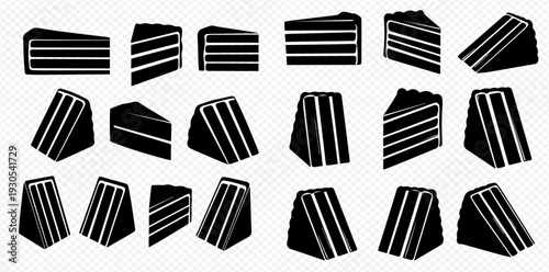 Set of various black and white cake slices with layers, isolated on transparent background.
