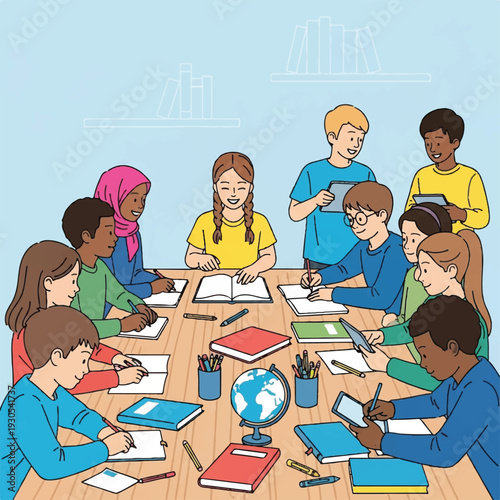 Diverse group of students collaboratively working around a classroom table during a study session.