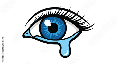 A striking image of a single blue eye with a falling tear rendered as a bold silhouette high quality professional detailed