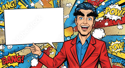 Excited vintage pop art man in a red jacket points toward a large blank speech bubble surrounded by explosive comic book sound effects