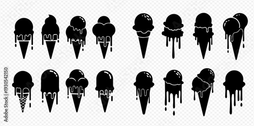 Set of black ice cream cones with melting scoops, isolated on a transparent background, vector illustration.