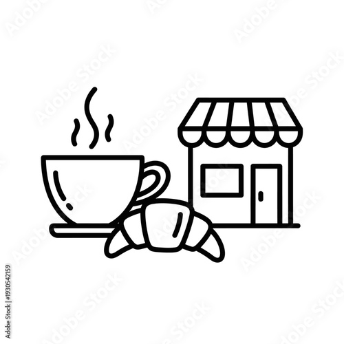 Coffee Shop and Croissant Hot Drink and Bakery Scene Illustration