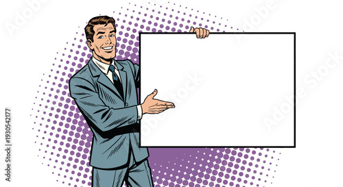 Enthusiastic retro businessman character in a suit proudly presenting a large blank white sign board illustration with copy space against a purple halftone background design