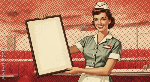 A smiling retro pop art style vector illustration graphic design features a happy vintage diner waitress holding a blank menu board sign for custom text or advertisement, perfect for nostalgic themes.