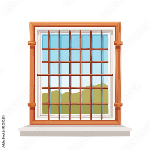 Cartoon window with bars revealing landscape