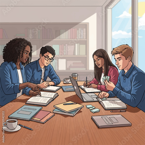 Diverse group of students collaborating around a study table with books and laptops, engaged in focused learning and discussion.