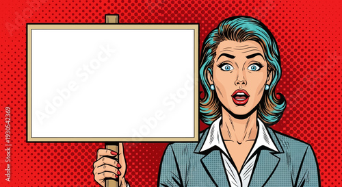 Surprised retro pop art woman holding a blank sign or protest placard against a dramatic red halftone background illustration for advertising messages