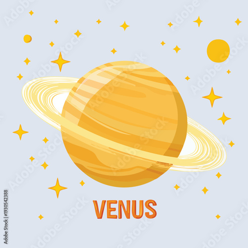 Cartoon planet illustration with rings and surrounding stars