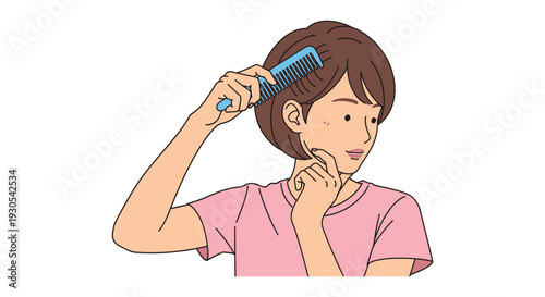 A young woman is depicted brushing her short brown hair thoughtfully gazing forward in a vibrant silhouette high quality professional detailed