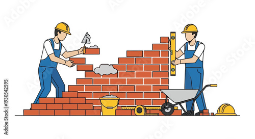 Two construction workers building a brick wall displaying tools and materials with a flat silhouette high quality professional detailed modern elegant