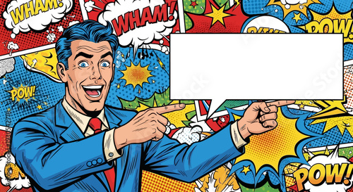 Retro style businessman points toward a large empty speech bubble set against a vibrant pop art background filled with comic book sound effects