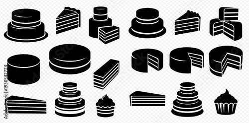 Set of various cake and dessert icons, including whole cakes, slices, cupcakes, and layered treats.