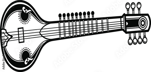 Black and white of a stringed musical instrument with decorative patterns