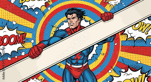 Muscular vintage comic book superhero holding a large blank banner ready for announcement or message copy in a vibrant retro background style