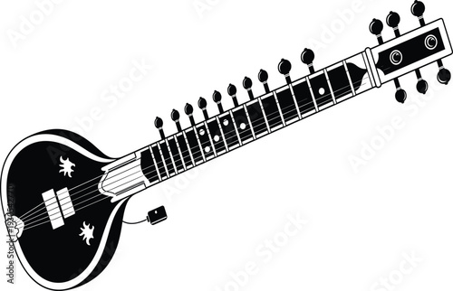 Black and white of a stringed musical instrument with stars and frets