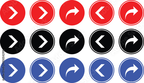 Collection of forward and backward arrow icons in red black and blue for navigation purposes