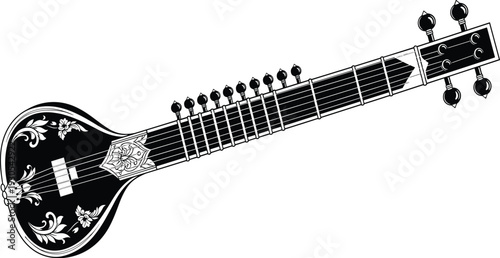 Black and white ornate stringed musical instrument with floral
