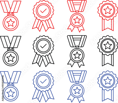 Set of award and medal icons in red black and blue for achievements success and quality recognition