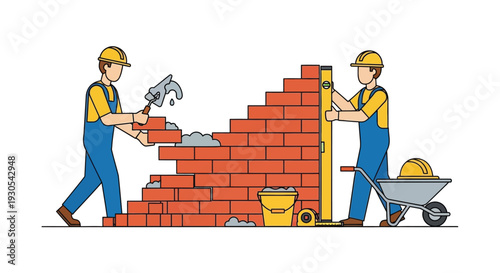 Two construction workers build a brick wall one using a trowel and the other a level silhouette high quality professional detailed