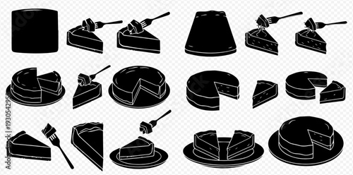Set of black silhouettes of various cakes and slices with forks, dessert collection, vector illustration.