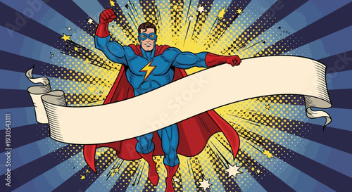 Muscular comic book style superhero flying forward while proudly presenting a large blank ribbon banner for custom announcement text or message design