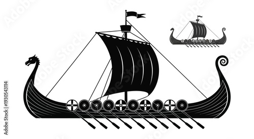 Detailed depiction of two viking ships and a dragon head rendered in a striking black silhouette high quality professional detailed modern