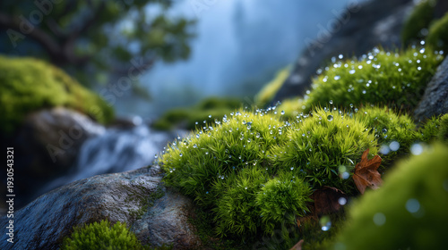 Extreme close-up of moss-covered rocks with leaf fragments resting atop, tiny water droplets clinging to textured surfaces, subtle sunlight enhancing depth and tactile feel, macro