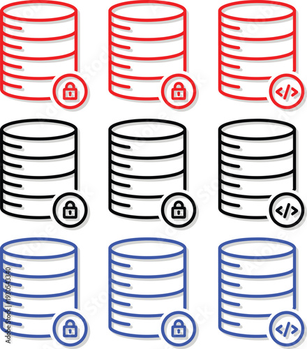 Server database storage icons with security padlock and coding symbols in red black and blue color variants