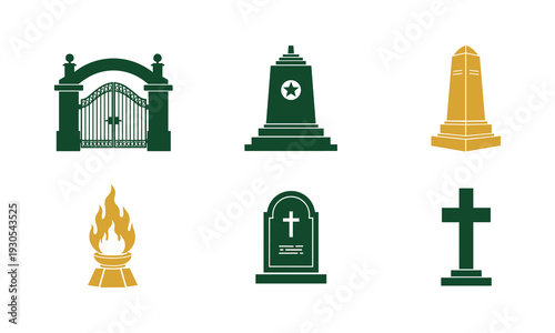Cemetery gate monument tombstone eternal flame cross vector icons memorial tribute remembrance