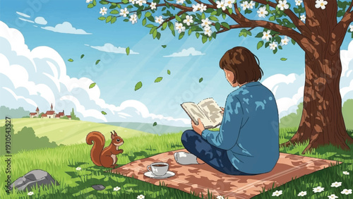 Person reading a book on a sunny park afternoon under a large tree with a curious squirrel nearby.
