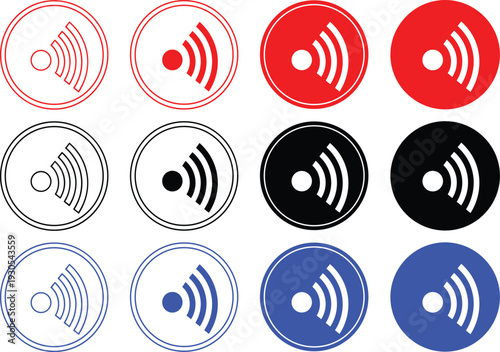 Set different colors red black blue isolated wifi signal icons in outline silhouette with solid fill vector